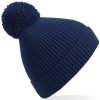Engineered knit ribbed pom pom beanie
